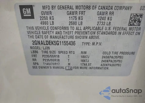 2016 Chevrolet Equinox Ltz z USA, uszkodzony, nr VIN 2GNALDEK5G1155436